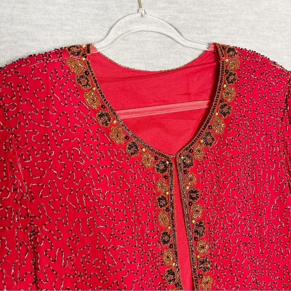 Vintage Beaded Jacket 100% Silk‎ Size Large Women’s Red Black Cardigan Stenay? - Picture 3 of 8